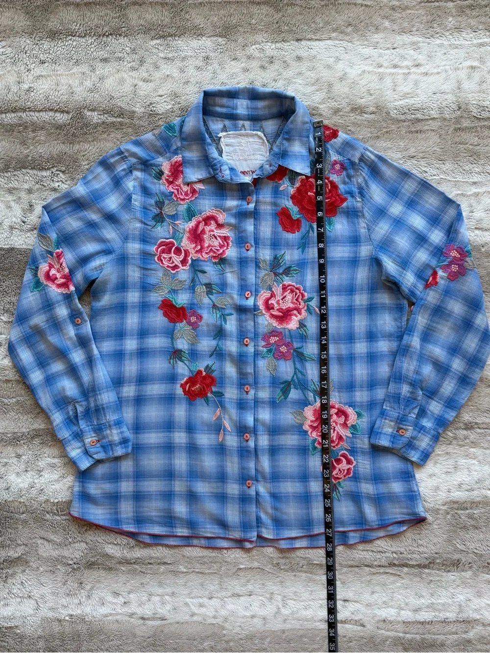 Johnny Was Embroidered Check Relaxed Button Down Shirt Size M - Picture 6 of 10